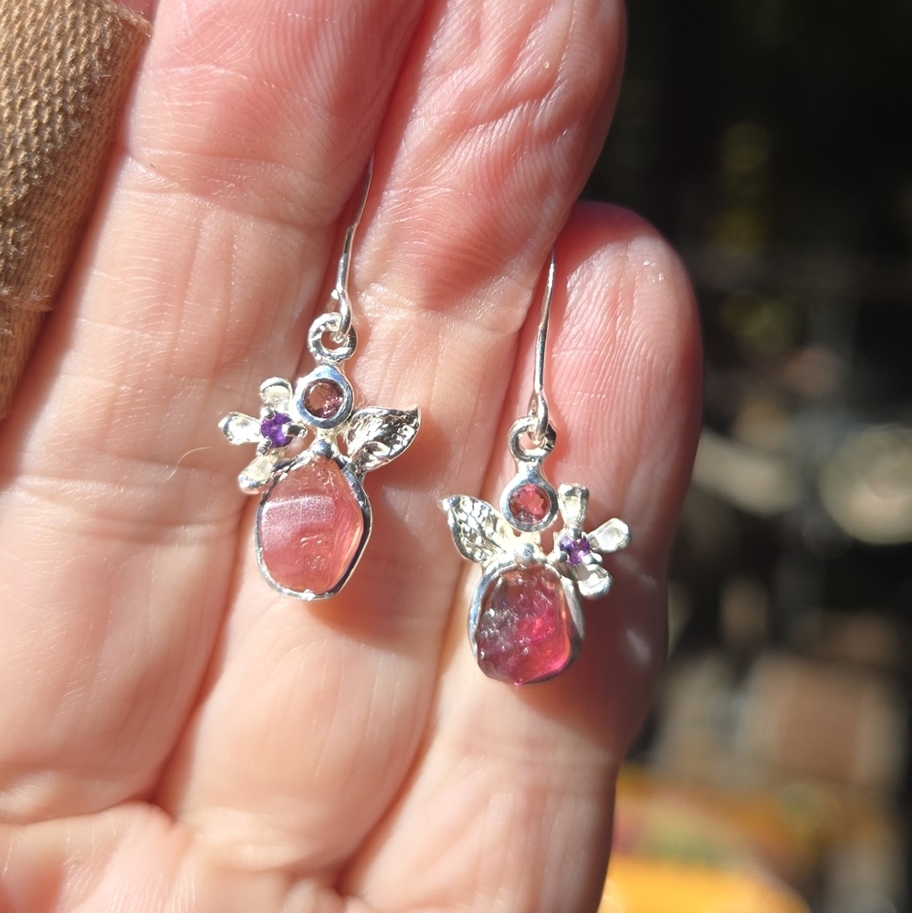 HOST PICK🎉🎊Pink Tourmaline Rhodalite & Amethyst Sterling & White Gold Earrings - Picture 6 of 11